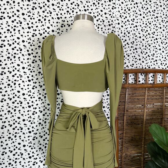 NEW Majorelle | Revolve Darla Olive Green Cut Out Tie Ruched Sexy Midi Dress XXS - Picture 6 of 11